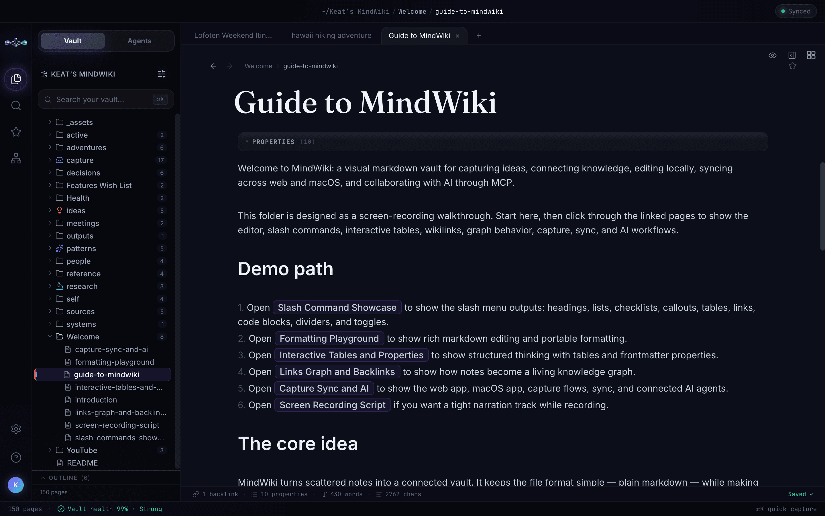 The MindWiki Mac editor with page navigation, Markdown content, and the Properties inspector