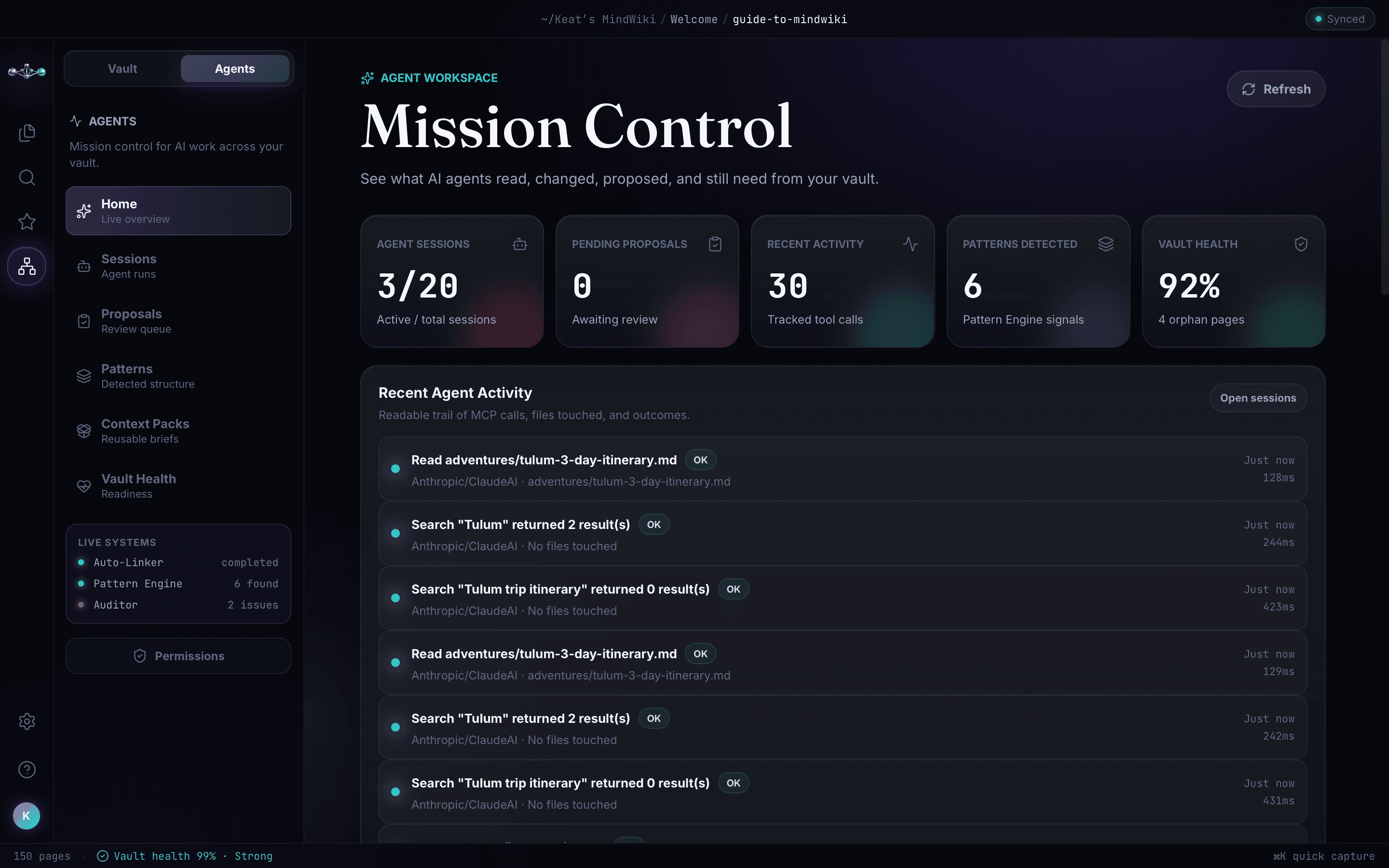 MindWiki Mac Mission Control with agent sessions, activity, and proposals